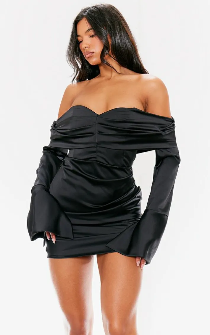 Black Satin Bardot Ruched Long Sleeve Mini Dress