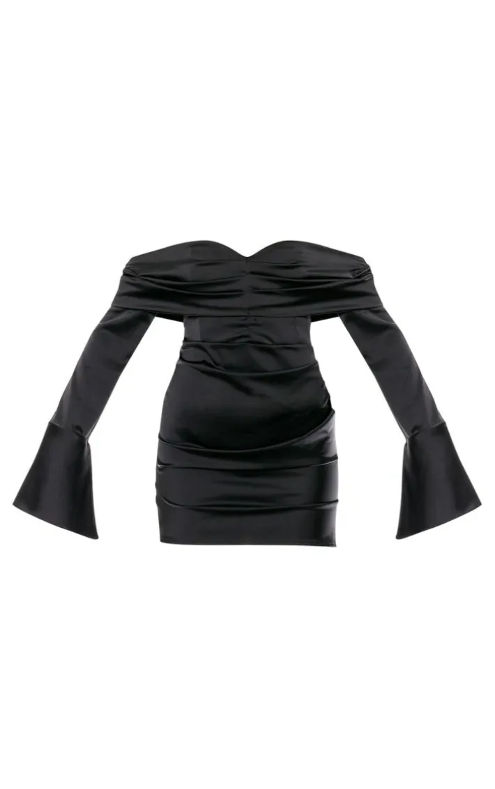 Black Satin Bardot Ruched Long Sleeve Mini Dress