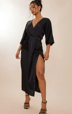 Black Satin Batwing Plunge Split Midaxi Dress