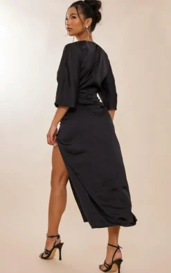 Black Satin Batwing Plunge Split Midaxi Dress