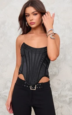 Black Satin Boning Detail Bandeau Corset