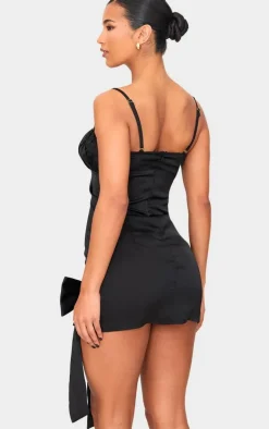 Black Satin Bow Detail Mini Dress