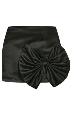 Black Satin Bow Trim Mini Skirt