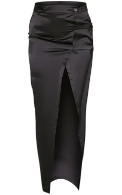 Black Satin Buckle Side Maxi Skirt