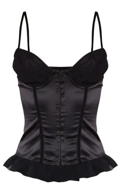 Black Satin Chiffon Bust Insert Hook And Eye Frill Hem Corset