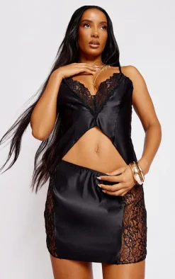 Black Satin Contrast Lace Low Rise Micro Mini Skirt