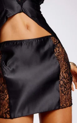 Black Satin Contrast Lace Low Rise Micro Mini Skirt