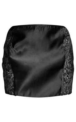 Black Satin Contrast Lace Low Rise Micro Mini Skirt