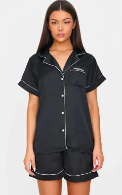 Black Satin Contrast Piping Short Pj Set