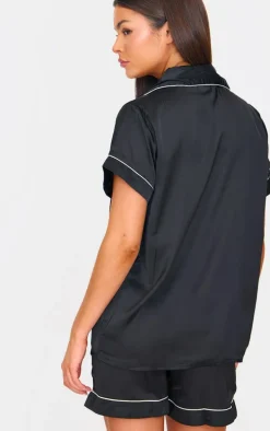 Black Satin Contrast Piping Short Pj Set