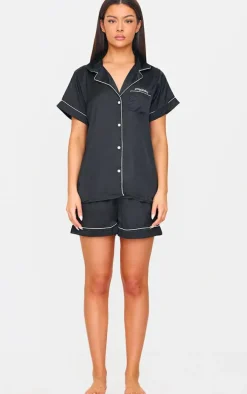 Black Satin Contrast Piping Short Pj Set