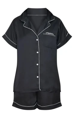 Black Satin Contrast Piping Short Pj Set