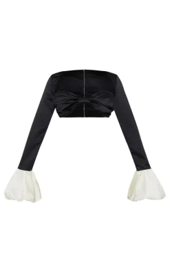Black Satin Contrast Puff Long Sleeve Bralet