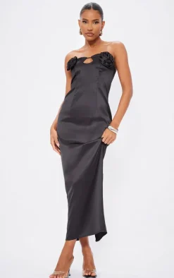 Black Satin Corsage Maxi Dress