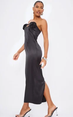 Black Satin Corsage Maxi Dress