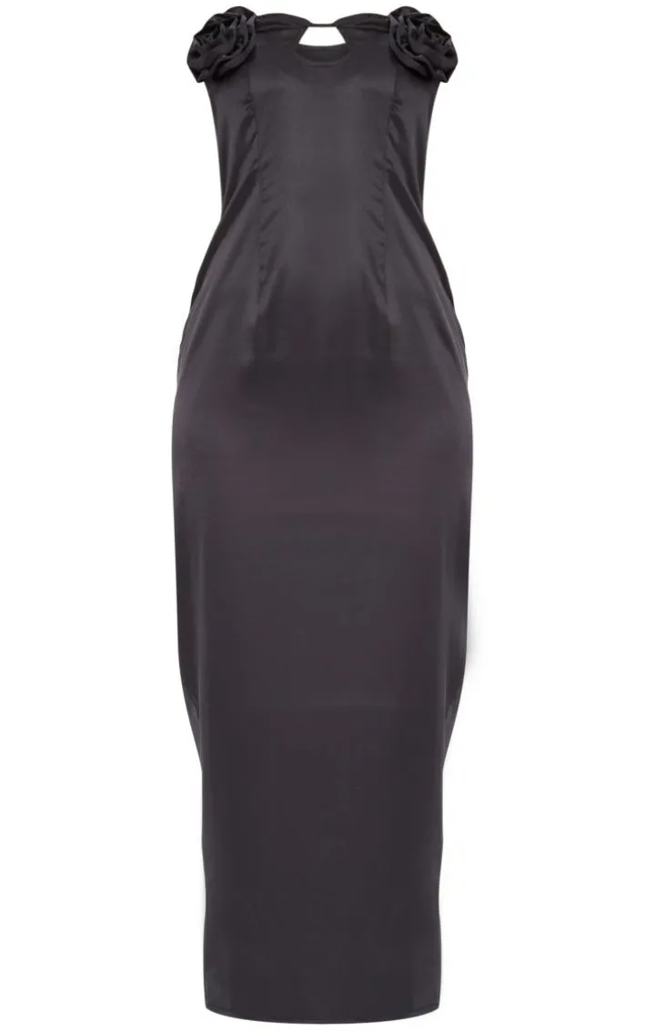 Black Satin Corsage Maxi Dress