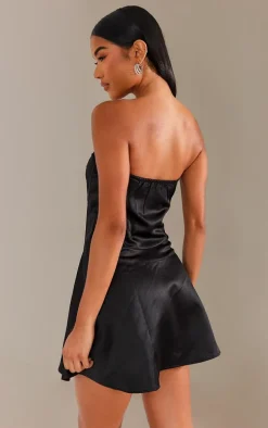 Black Satin Corset Bandeau Shift Dress