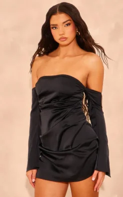 Black Satin Corset Bardot Ruched Long Flared Sleeve Shift Dress