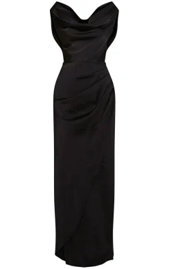 Black Satin Cowl Neck Draped Maxi Dress