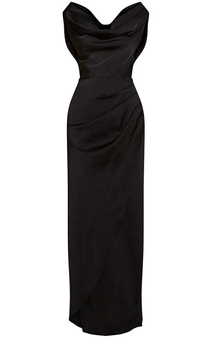 Black Satin Cowl Neck Draped Maxi Dress