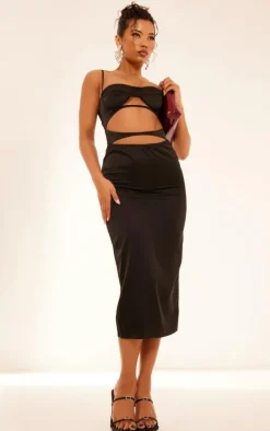 Black Satin Cut Out Cup Detail Midaxi Dress