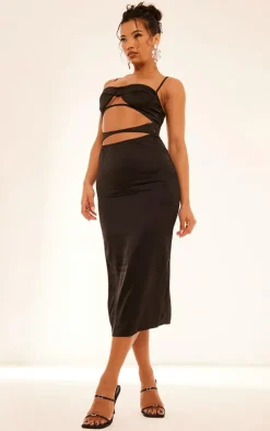 Black Satin Cut Out Cup Detail Midaxi Dress