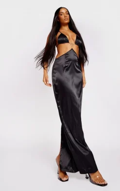 Black Satin Diamante Trim Cut Out Midaxi Dress
