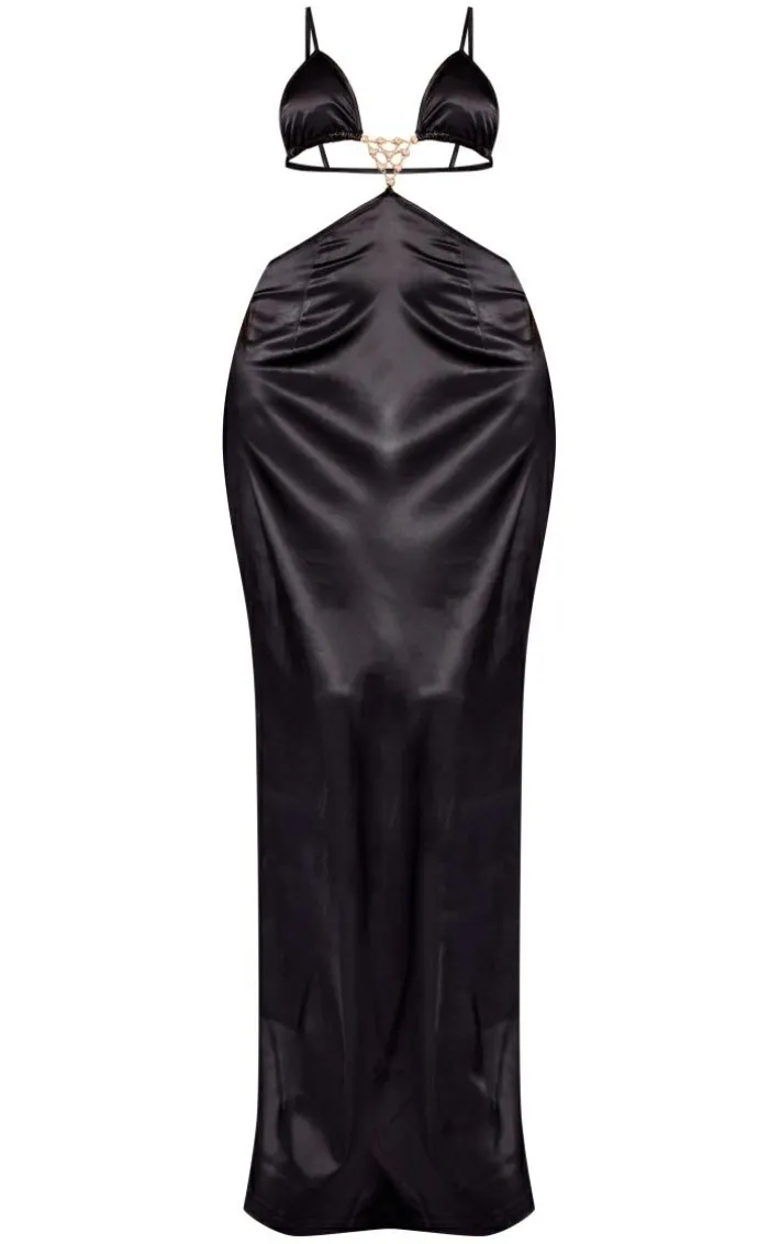 Black Satin Diamante Trim Cut Out Midaxi Dress