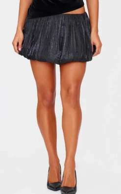 Black Satin Embellished Puffball Mini Skirt