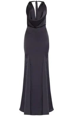 Black Satin Extreme Cowl Neck Maxi Dress