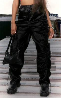 Black Satin Extreme Ruched Detail Cargo Pants