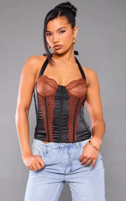 Black Satin Floral Lace Halter Neck Corset