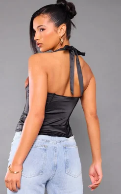 Black Satin Floral Lace Halter Neck Corset