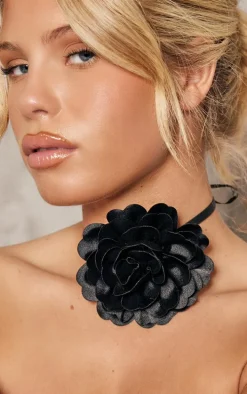 Black Satin Flower Tie Ribbon Choker