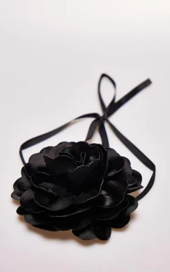 Black Satin Flower Tie Ribbon Choker