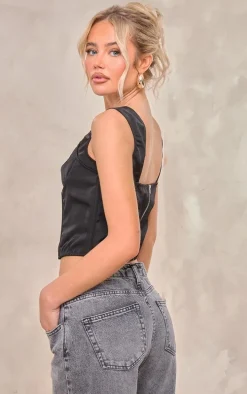 Black Satin Lace Bust Boned Corset