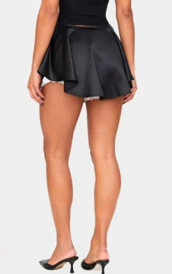Black Satin Lace Detail A Line Mini Skirt