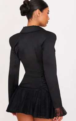 Black Satin Lace Trim Bow Blazer Dress