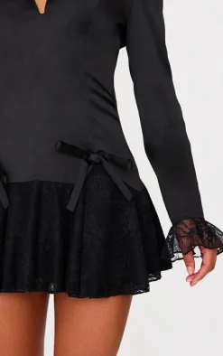Black Satin Lace Trim Bow Blazer Dress
