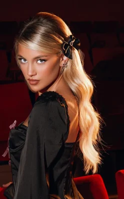 Black Satin Long Sleeve Frill Detail Bow Mini Dress