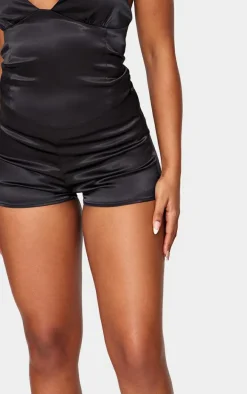 Black Satin Mid Rise Mini Shorts