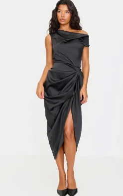 Black Satin Off The Shoulder Draped Skirt Midi Dress