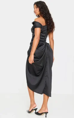 Black Satin Off The Shoulder Draped Skirt Midi Dress