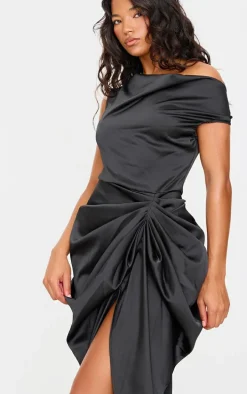 Black Satin Off The Shoulder Draped Skirt Midi Dress