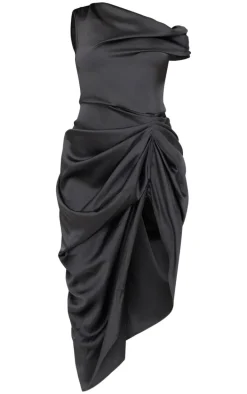 Black Satin Off The Shoulder Draped Skirt Midi Dress