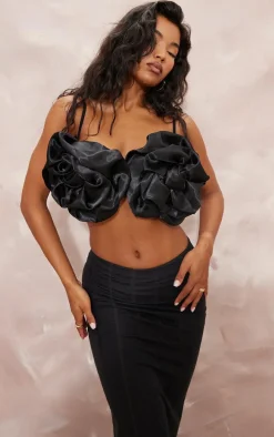 Black Satin Oversized Applique Flower Bralet