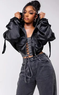 Black Satin Oversized Hooded Utility Bomber Jacket