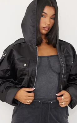 Black Satin Oversized Hooded Utility Bomber Jacket