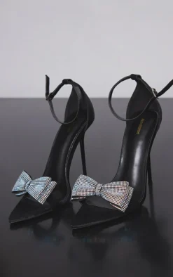 Black Satin Point Toe Diamante Bow Detail High Stiletto Heeled Sandals