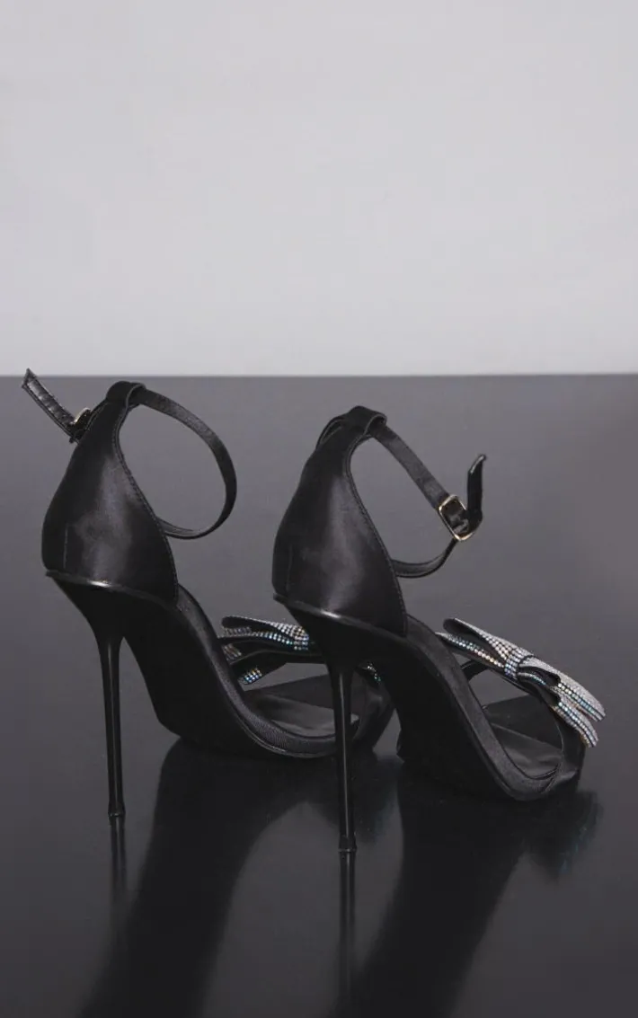 Black Satin Point Toe Diamante Bow Detail High Stiletto Heeled Sandals